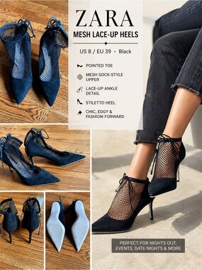 Zara Black Mesh Lace-Up Heels – Women’s US 8 / EU 39
